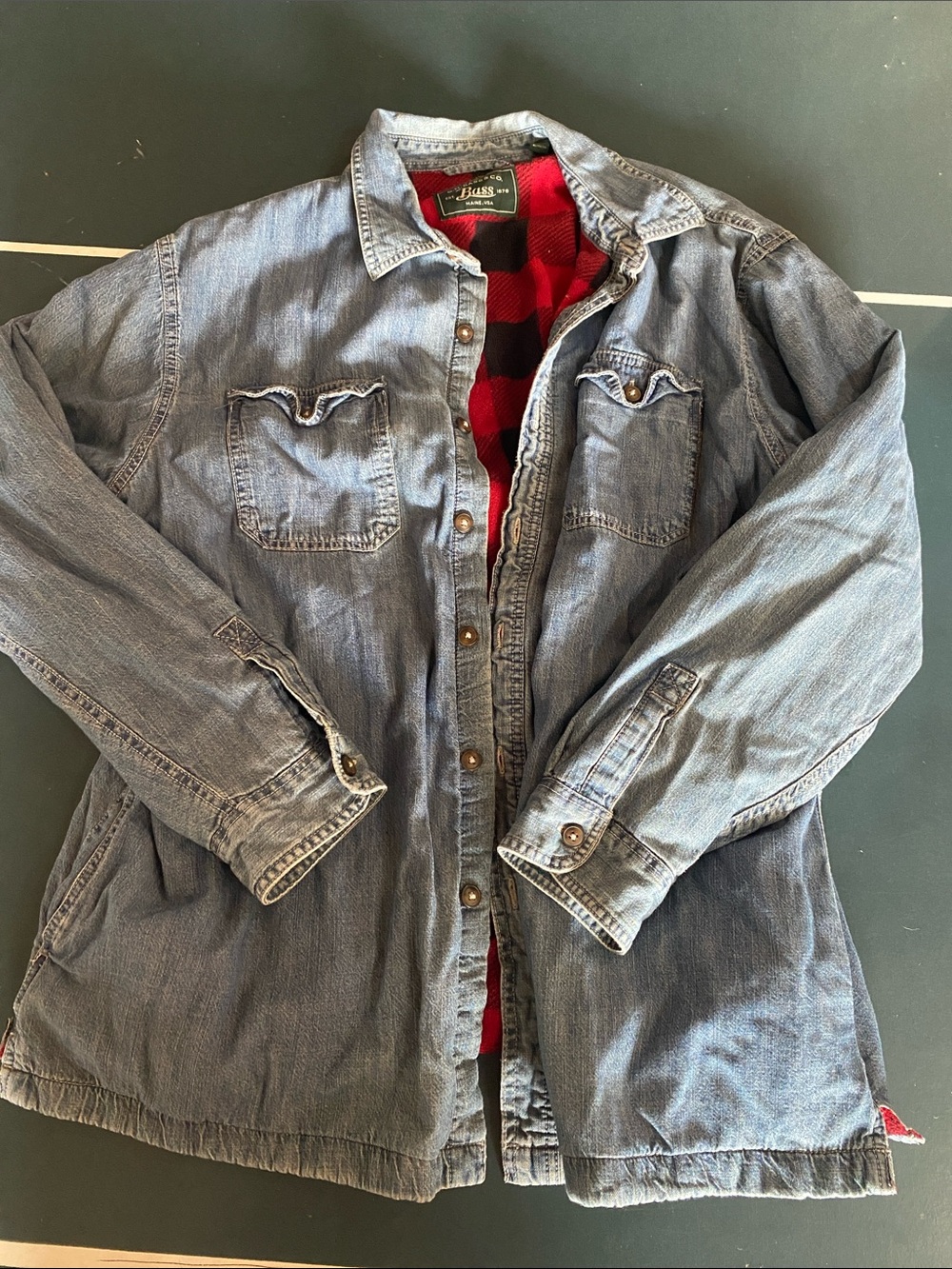 G.H. Bass & Co. Faded Blue Denim-Style Jacket with Red Plaid Lining